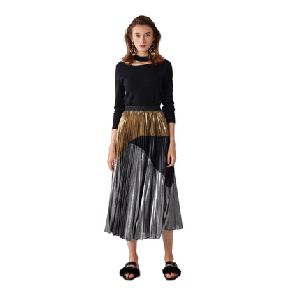 JJparty-C018 Women metallic printed color-block full circle sunburst pleated evening midi skirt