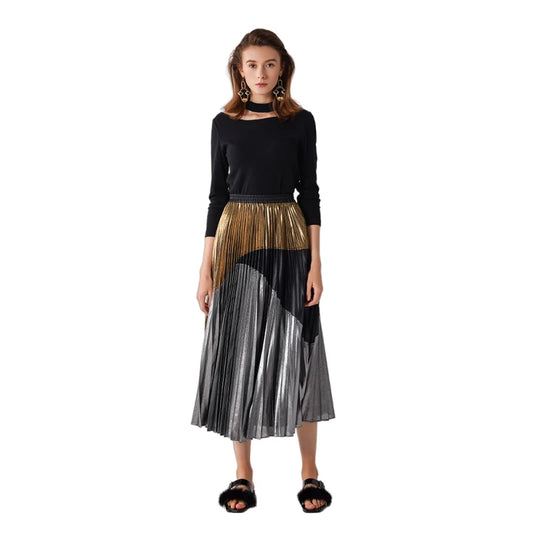 JJparty-C018 Women metallic printed color-block full circle sunburst pleated evening midi skirt