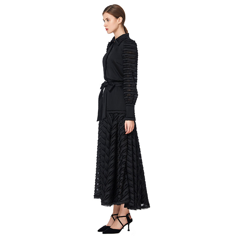 JJparty-D035 Women solid shirt collar long sleeves stripes detailing flared maxi dress