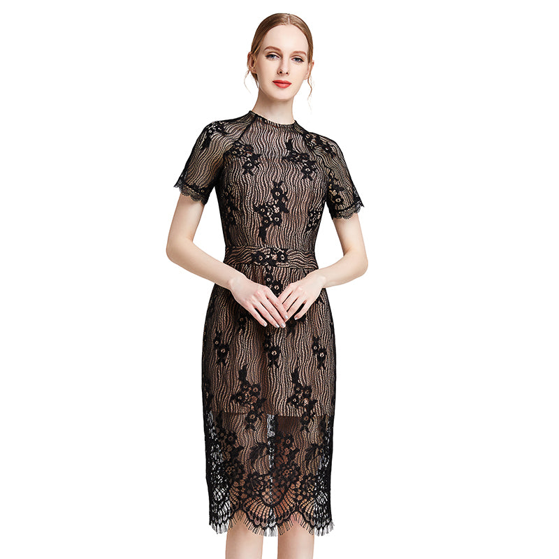 JJparty-D002 Women floral eyelash lace short sleeve midi fitted party dress