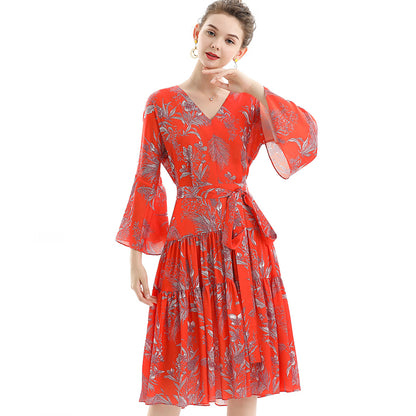 JJparty-D057 Women floral print three-quarter sleeves tiered design midi dress