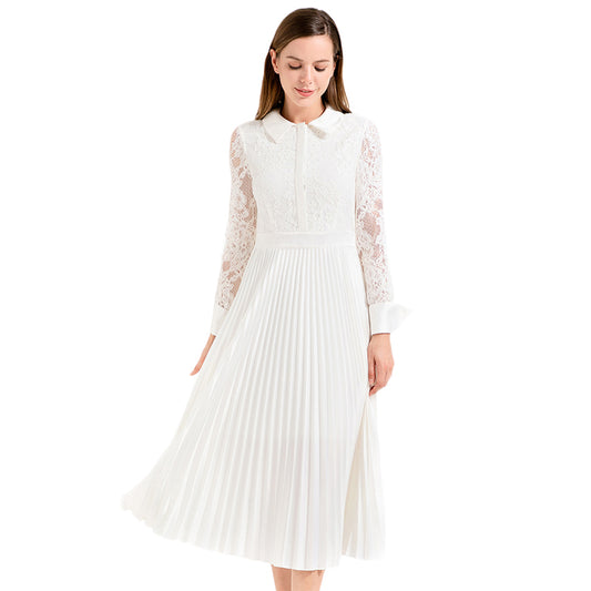 JJparty-D017 Women floral lace satin combo long sleeves shirt collar pleated midi party dress