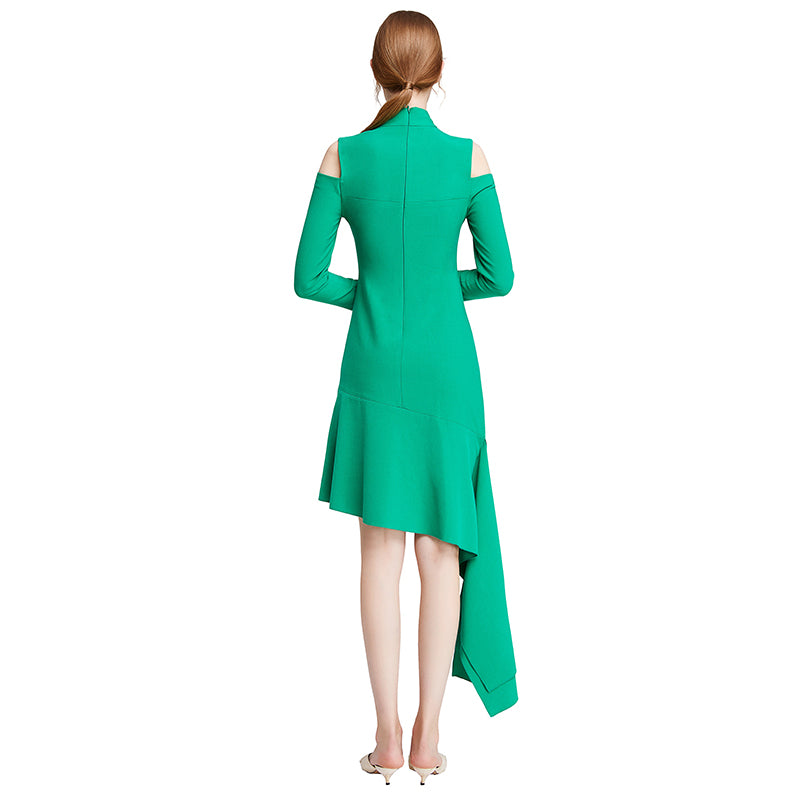 JJparty-D008 Women solid long sleeve cut out asymmetric hem mini party dress