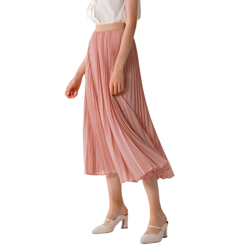 JJparty-C042 Women solid chiffon full circle sunburst pleated midi casual skirt