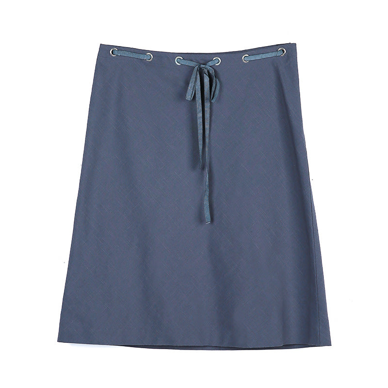 JJparty-B452 Women cotton chambray waist tie bias cut A-line casual short skirt