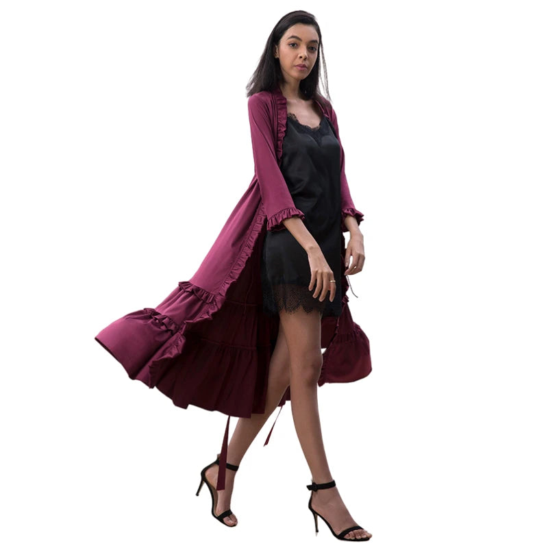 JJparty-D083-2 Women solid satin three quarters sleeves ruffle detailing tiered midi wrap dress