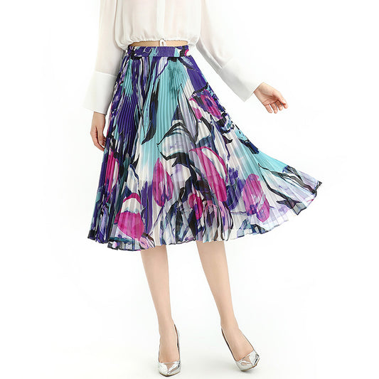 JJparty-S076-2 Women floral print chiffon pleated casual midi skirt