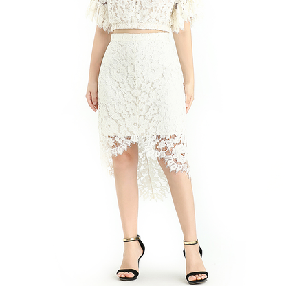 JJparty-S075 Women floral lace asymmetric scallop hem midi party skirt