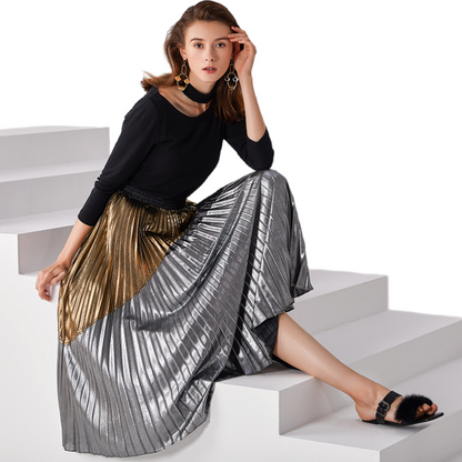 JJparty-C018 Women metallic printed color-block full circle sunburst pleated evening midi skirt