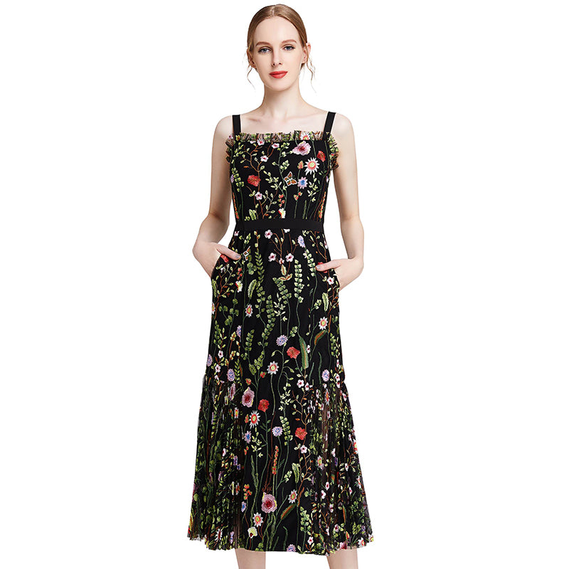 JJparty-D001 Women all-over floral embroidered tulle bare shoulder grosgrain strap midi party dress