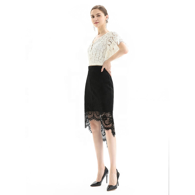 JJparty-S075-2 Women floral lace asymmetric scallop hem midi party skirt