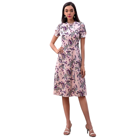JJparty-D222 Women paisley print rolled collar A-line day dress