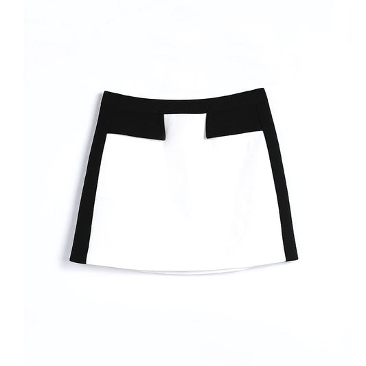 JJparty-G470 Women color-block suiting fabric mid waist flapped pocket mini skirt