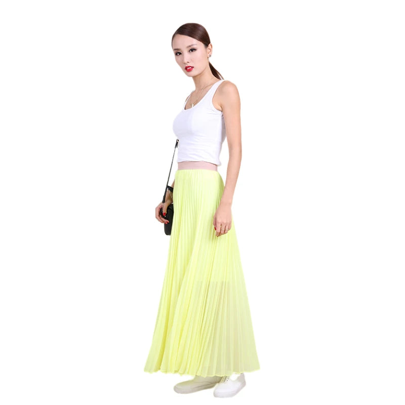 JJparty-C088 Women solid chiffon full circle sunburst pleated long casual skirt