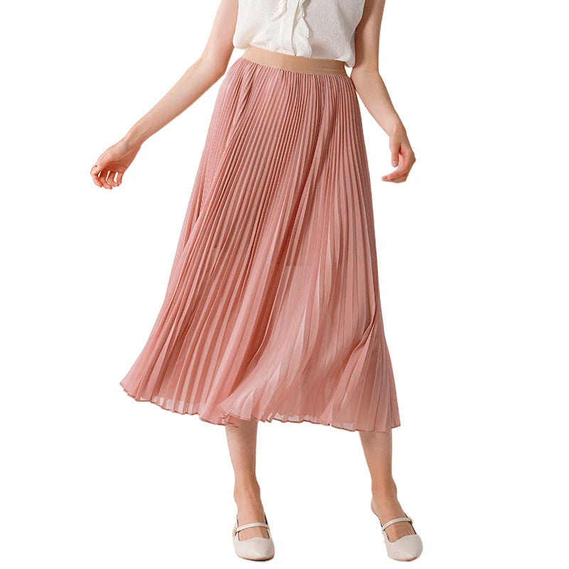 JJparty-C042 Women solid chiffon full circle sunburst pleated midi casual skirt