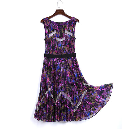 JJparty-V795 Women floral print chiffon color-block tulle-panelled pleated midi dress