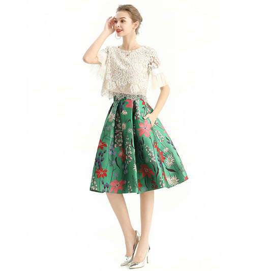 JJparty-S137-3 Women floral heavy jacquard inverted pleat A-line midi skirt