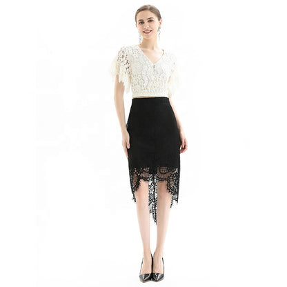 JJparty-S075-2 Women floral lace asymmetric scallop hem midi party skirt