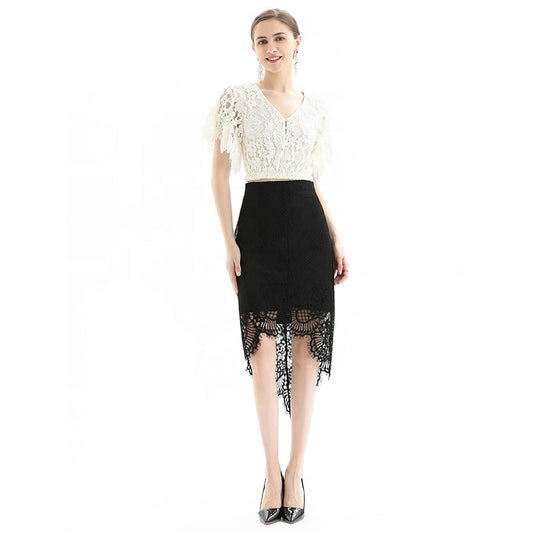 JJparty-S075-2 Women floral lace asymmetric scallop hem midi party skirt