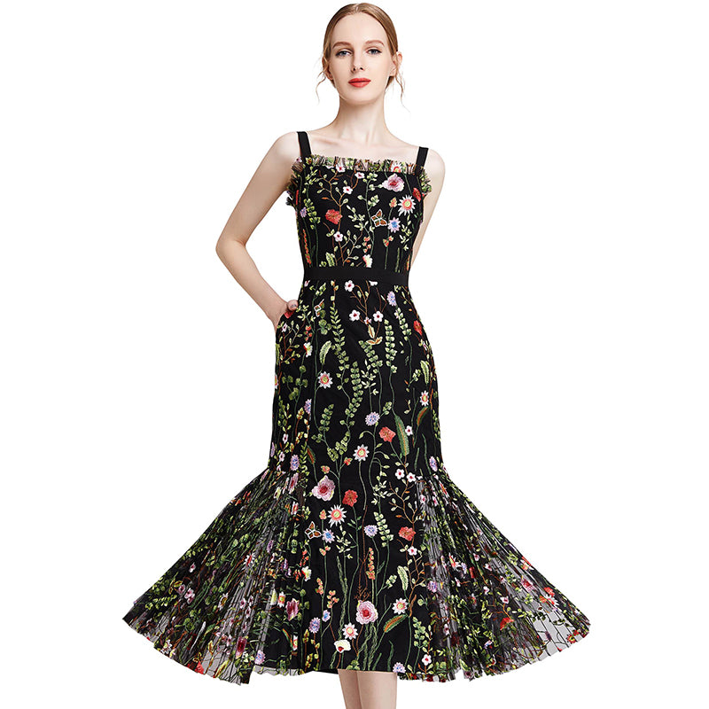 JJparty-D001 Women all-over floral embroidered tulle bare shoulder grosgrain strap midi party dress