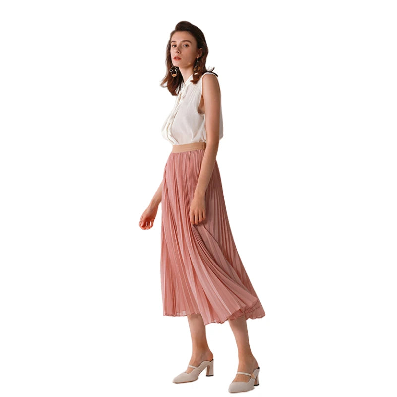 JJparty-C042 Women solid chiffon full circle sunburst pleated midi casual skirt