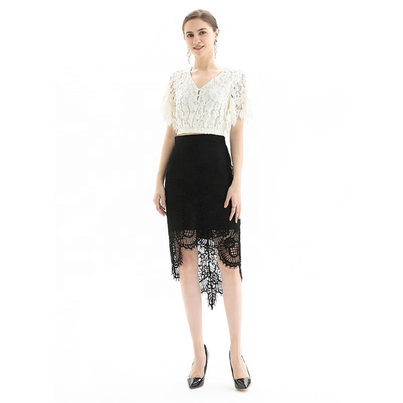 JJparty-S075-2 Women floral lace asymmetric scallop hem midi party skirt