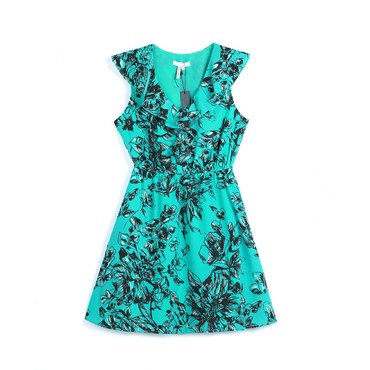 JJparty-I163 Women floral print ruffle collar sleeveless A-line dress