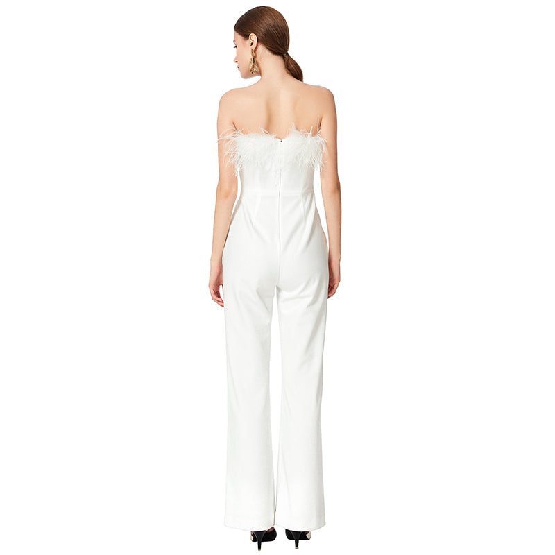 JJparty-D041 Women solid crepe feather-trimmed off-shoulder party jumpsuit