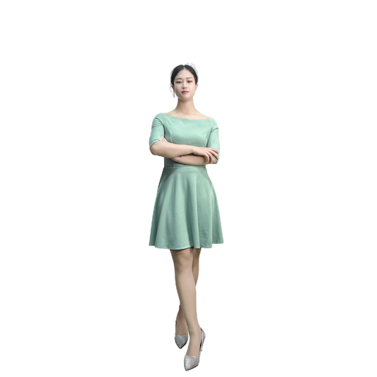 JJparty-D413 Women solid short sleeve boat neck flared mini dress