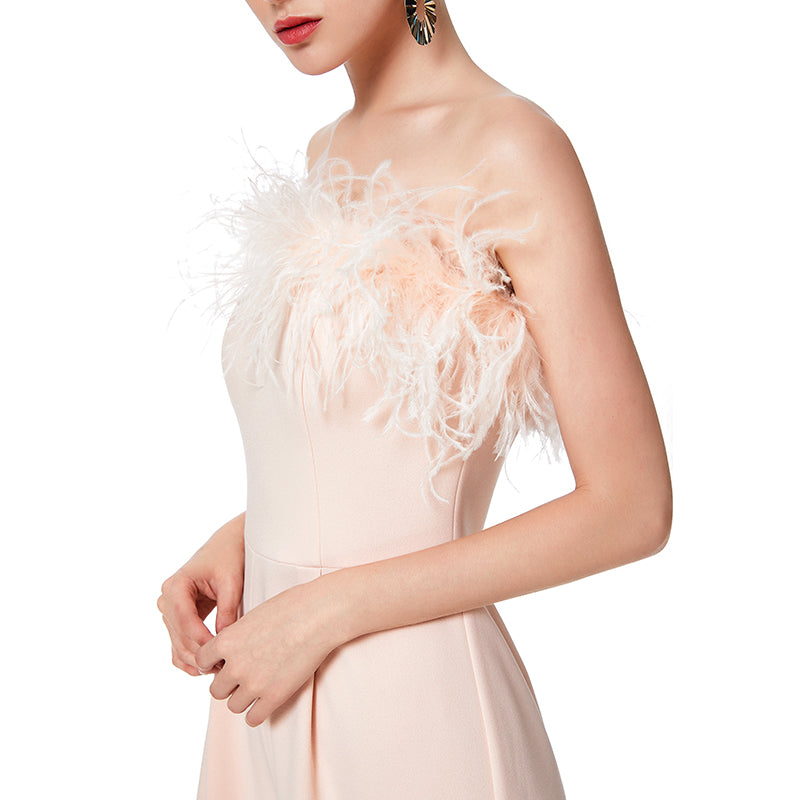 JJparty-D041 Women solid crepe feather-trimmed off-shoulder party jumpsuit