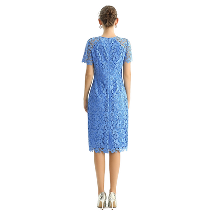 JJparty-D190 Women floral Macramé lace short sleeves straight-cut day and party midi dress