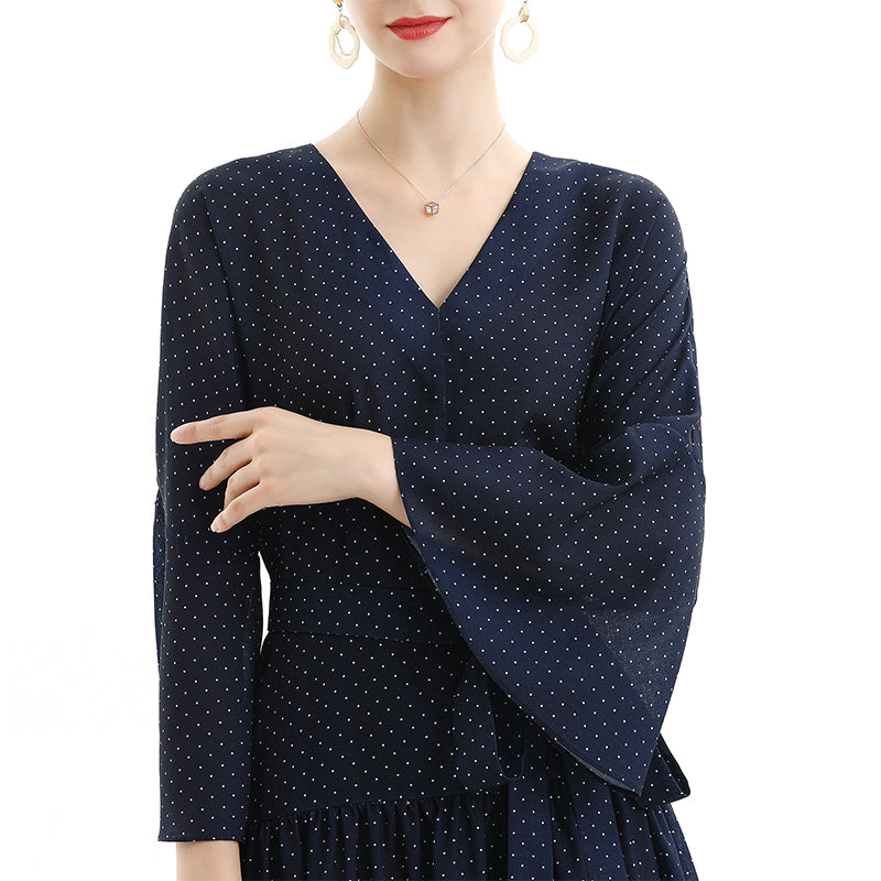 JJparty-D057-1 Women polka dot print three-quarter sleeves tiered design midi dress