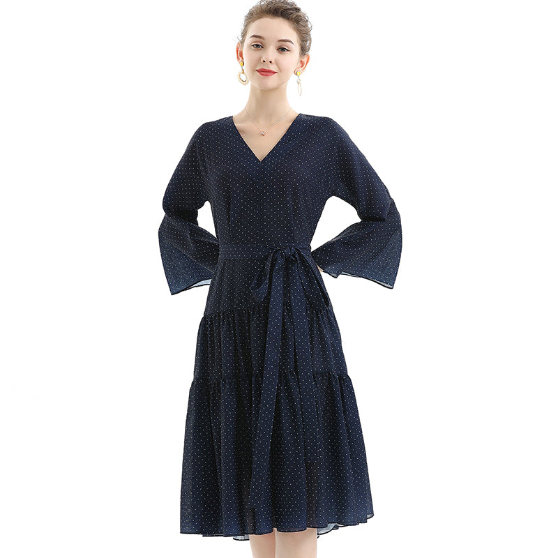 JJparty-D057-1 Women polka dot print three-quarter sleeves tiered design midi dress