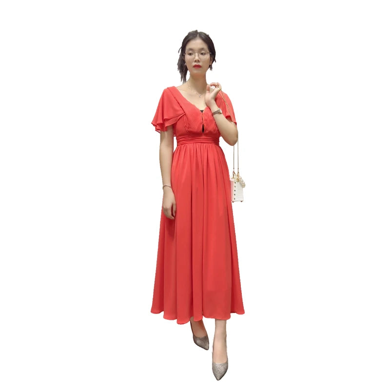 JJparty-D416 Women solid V-neck butterfly sleeves pintuck-detail flared midi dress
