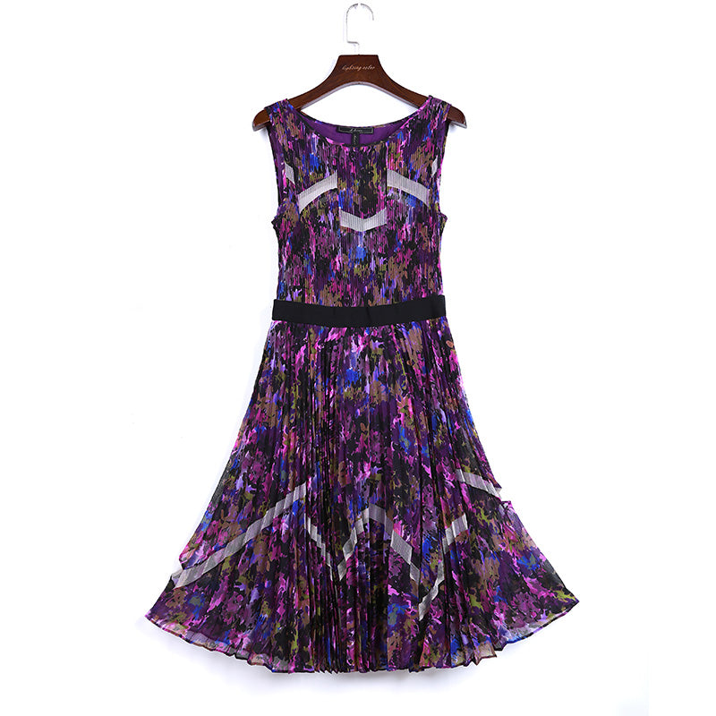 JJparty-V795 Women floral print chiffon color-block tulle-panelled pleated midi dress