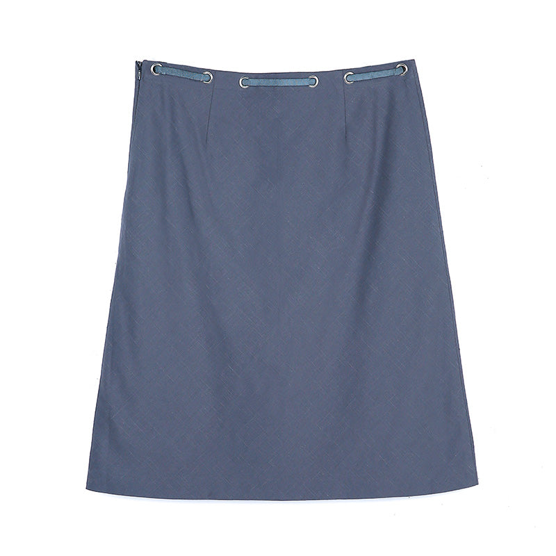 JJparty-B452 Women cotton chambray waist tie bias cut A-line casual short skirt