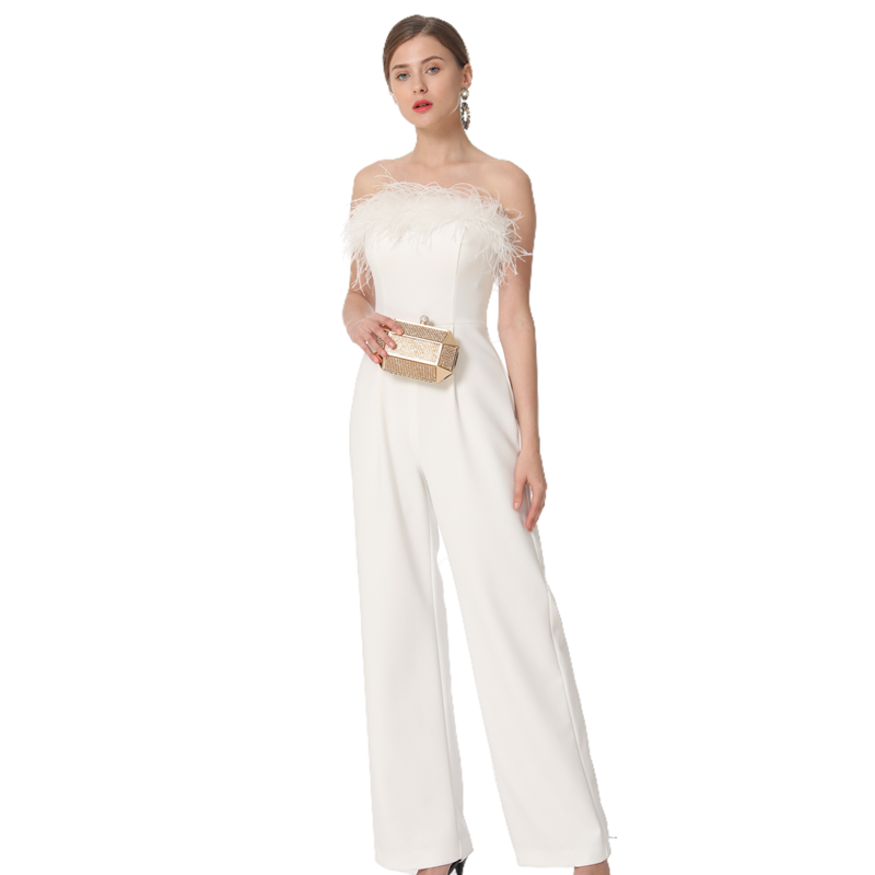 JJparty-D041 Women solid crepe feather-trimmed off-shoulder party jumpsuit