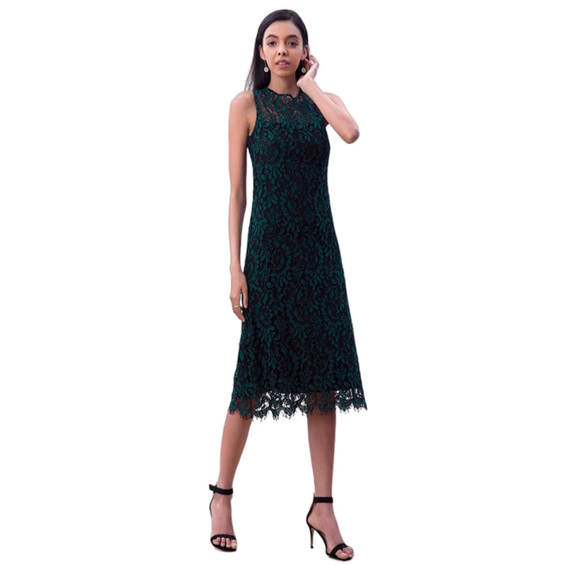 JJparty-D098-4 Women Two-tone floral leaf eyelash lace sleeveless straight-cut party midi dress