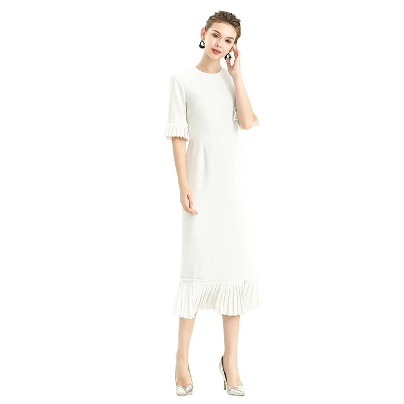 JJparty-D095 Women solid crepe short sleeves ruffle detailed straight cut midi dress