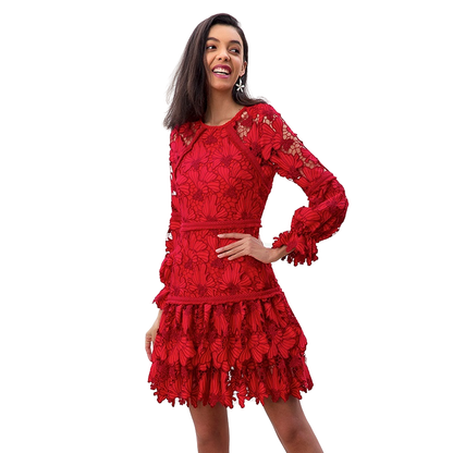 JJparty-D271 Women cut out embroidery long puff sleeves ruffle-tiered evening mini dress