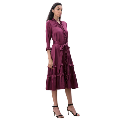 JJparty-D083-2 Women solid satin three quarters sleeves ruffle detailing tiered midi wrap dress