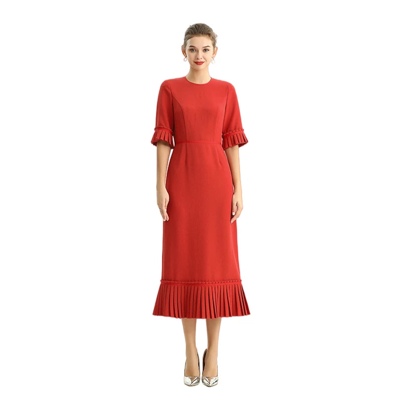 JJparty-D095-1 Women polyester crepe short sleeves ruffle detailed straight-cut midi dress
