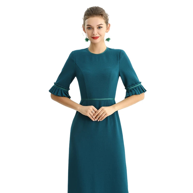 JJparty-D095-1 Women polyester crepe short sleeves ruffle detailed straight-cut midi dress