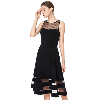 JJparty-D031 Women solid sleeveless swiss dot tulle-panel flared midi party dress