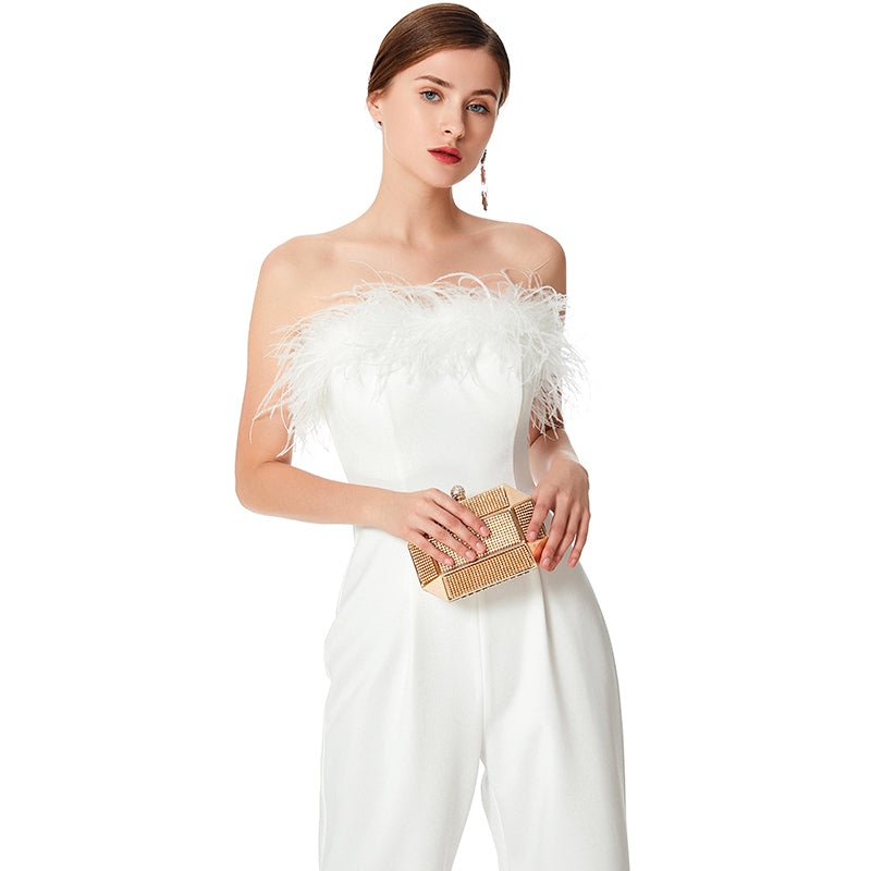 JJparty-D041 Women solid crepe feather-trimmed off-shoulder party jumpsuit