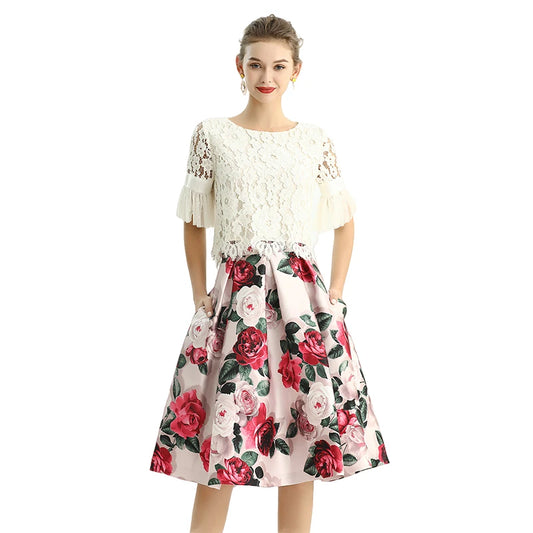 JJparty-S137 Women floral print inverted pleat A-line midi skirt