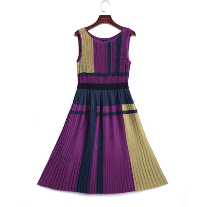JJparty-T869 Women color-block patchwork design pleated midi party dress