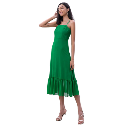 JJparty-D261-1 Women solid chiffon strappy tiered ruffle flared midi party dress