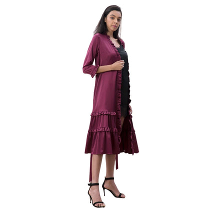 JJparty-D083-2 Women solid satin three quarters sleeves ruffle detailing tiered midi wrap dress