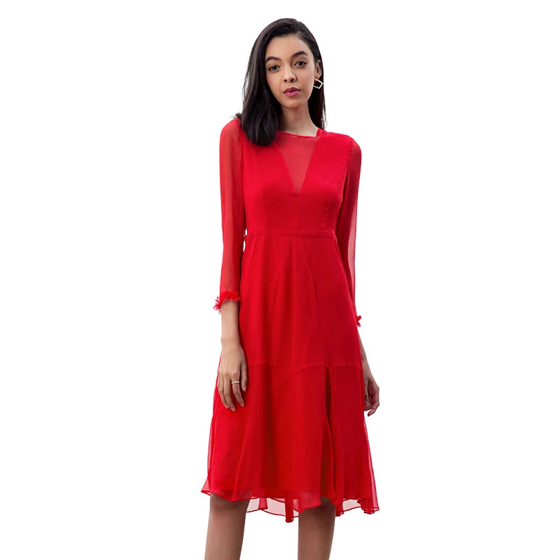 JJparty-D270 Women silk crinkle chiffon three-quarter sleeves flared midi party dress